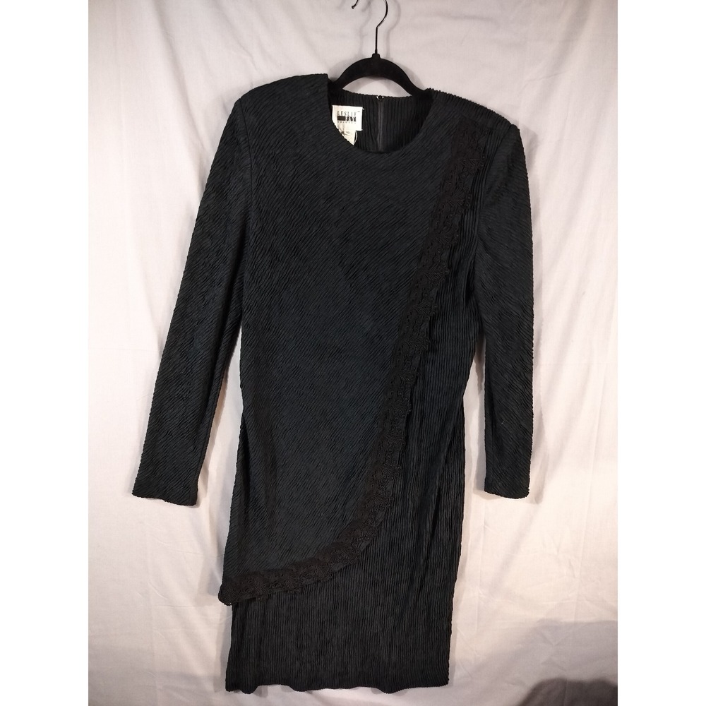 Leslie Fay Dress Women 10 Black Lace Trim Plisse Pleated Vintage Cocktail Party